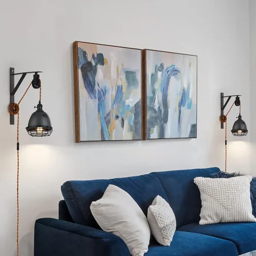 Miniatura 6 de Apliques de pared de granja con polea colgante de pared con enchufe e interruptor marrón de 7 pies, aplique de pared ajustable, pantalla negra arena