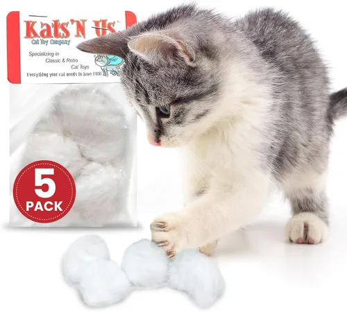 Miniatura 9 de Kats'N Us Juguetes para gatos de piel de conejo real de 2 pulgadas, paquete de 5 bolas peludas grises suaves, juego interactivo natural similar a