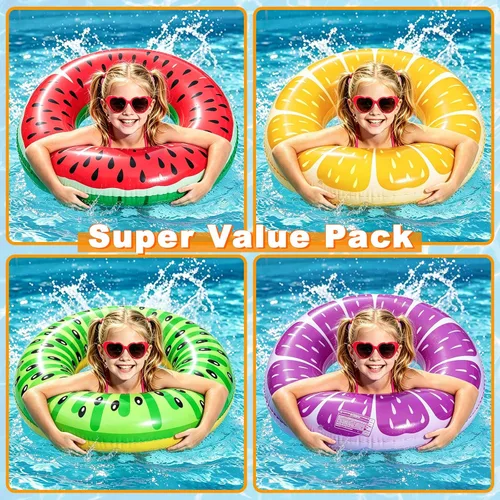 Miniatura 4 de Paquete de 8 flotadores inflables de piscina para niños, 4 tubos de natación de frutas y 4 bolas de playa, flotadores de piscina, juguetes de playa