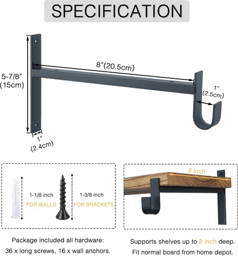 Miniatura 4 de OVOV Soportes de Barra de Armario Resistentes de 8 Pulgadas Soportes de Estante de Armario con Portabarra Negro Soportes de Barra de Armario