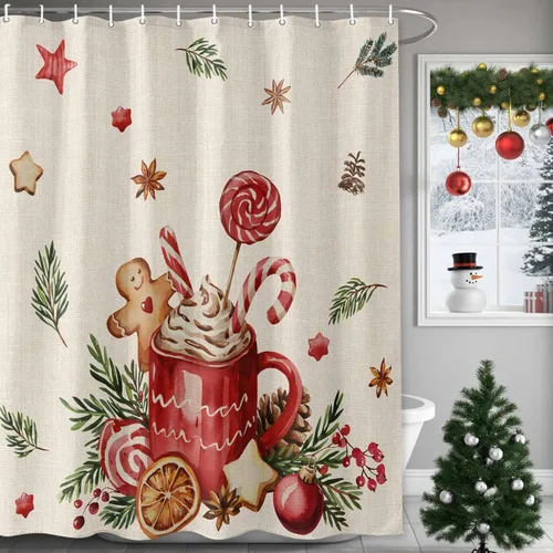 Cortina de ducha navideña para baño, 72 x 72 pulgadas, diseño de hombre de jengibre retro, café, capuchino, cortina de ducha de lino con ganchos,