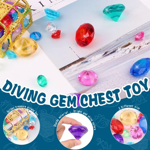 Miniatura 3 de YUJUN Juguetes de piscina de gemas de buceo, 10 coloridas gemas de diamante grande con caja de cofre de pirata del tesoro, juego de piedras Surtido