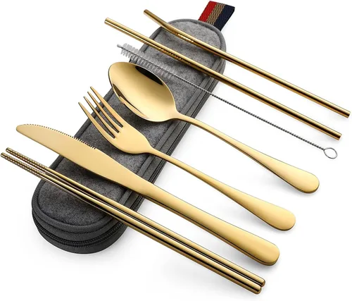 Miniatura 12 de DEVICO Utensilios portátiles, juego de cubiertos de viaje y campamento, 8 piezas, incluyendo cuchillo, tenedor, cuchara, palillos, cepillo