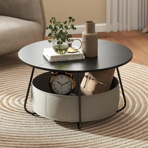 Miniatura 10 de Manora Mesa auxiliar redonda pequeña para sala de estar, mesa central moderna con almacenamiento de cesta de tela, bonita mesa circular
