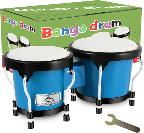 EASTROCK Tambor Bongo de 4" y 5" Juego para Adultos, Tambores Bongos de Percusión con Llave de Afinación (Azul)