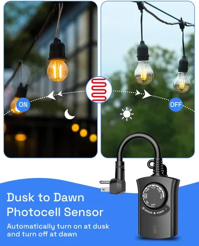 Miniatura 4 de HBN - Temporizador de luz exterior con control remoto, temporizador de sensor de luz impermeable, alcance inalámbrico de 100 pies, 1 toma de tierra