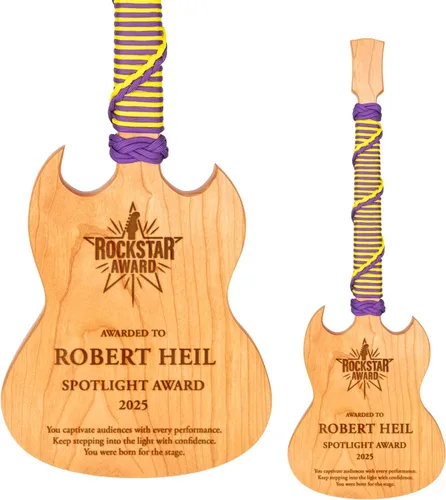 Miniatura 13 de Premio personalizado de guitarra Cherrywood, placa grabada personalizada con mango de paracaídas azul, 23 x 8 pulgadas Regalo para músicos