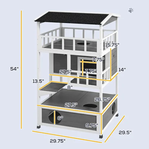 Miniatura 3 de Robust Multi-Story Cat Condo Featuring Asphalt Roof, Escape Doors, Jumping Platform, Durable Material, Light Gray Exterior