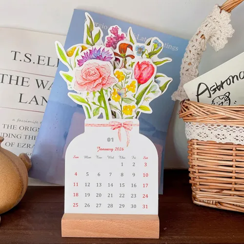 Miniatura 2 de Calendario de escritorio creativo de flores 2026, calendario mensual con forma de jarrón para Año Nuevo, 3.9 x 9.4 pulgadas