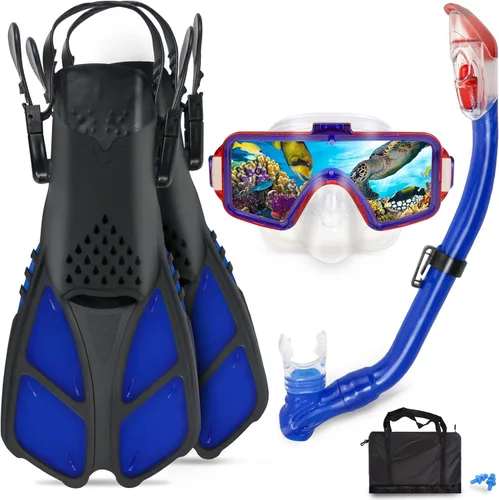 Miniatura 16 de Juego de esnórquel para niños – Aletas ajustables + máscara de esnórquel panorámica + tubo de esnórquel seco + bolsas de viaje – Adecuado para niños