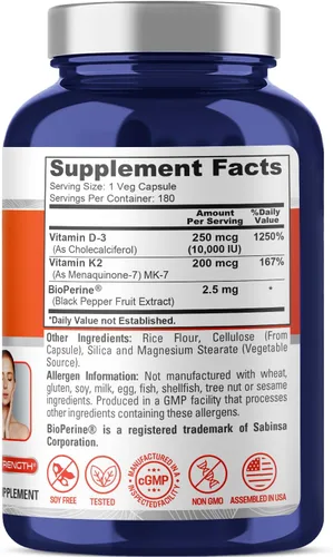 Miniatura 2 de NusaPure 250 mg de vitamina D3 y 200 mcg K-2 cápsulas, 180 cápsulas vegetales (sin OMG, vegano)