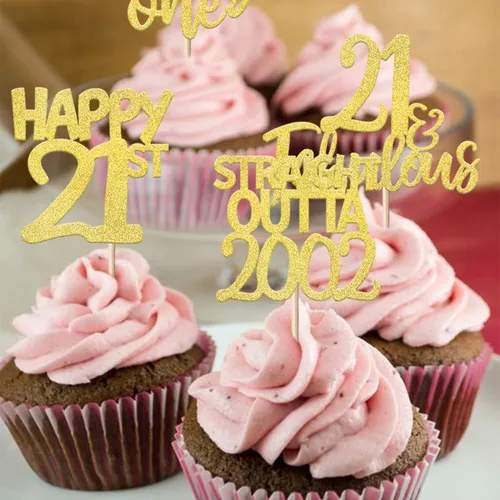 Miniatura 4 de Paquete de 24 adornos para cupcakes con purpurina de 21 años de 2002, decoraciones para pasteles de cumpleaños de 21 años, suministros de fiesta