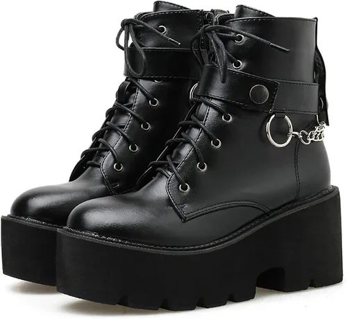 Miniatura 6 de Parisuit Botines góticos de charol para mujer, con plataforma, tacón alto grueso, con cordones, botas de combate punk, botas cortas