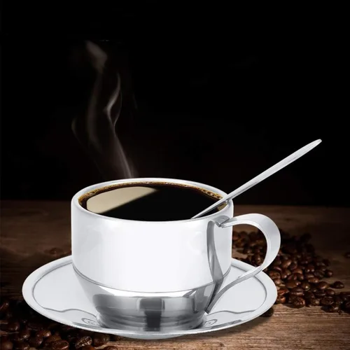 Miniatura 5 de Jasni Taza de café de acero inoxidable, tazas de café expreso y grandes tazas de capuchino con cuchara y platillo, idea de regalo para los amantes
