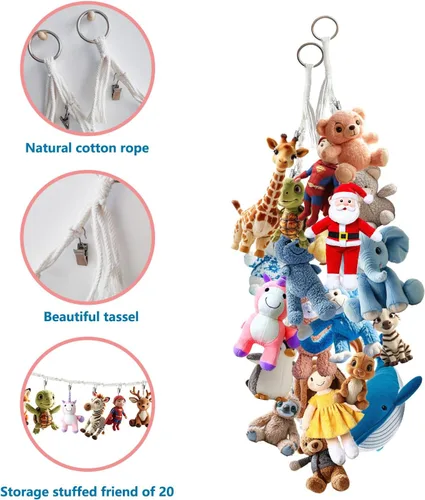 Miniatura 4 de 2 cadenas de almacenamiento colgantes de algodón de 80 pulgadas para animales de peluche, cada cadena de exhibición bohemia viene con 20 clips