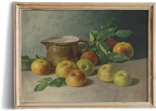 Miniatura 4 de Cuadro de naturaleza muerta de granja para sala de estar, perla de manzana, pintura cálida beige neutra, arte de pared Art Deco para cocina