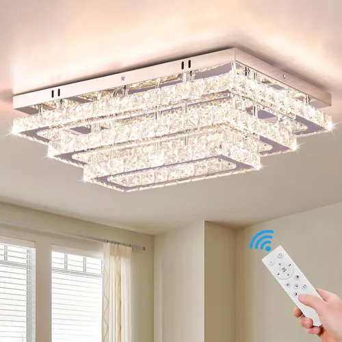 Miniatura 10 de Finktonglan Accesorio de Lámpara de Techo LED de Cristal Cuadrada Moderna, Candelabro de Cristal Regulable de 15" Luces de Techo de 3 Niveles