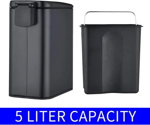 Miniatura 7 de HILFA Basurero compacto de acero inoxidable con escalón rectangular de 5 litros/1.3 galones, baño y cocina, negro mate, SB3200-MB