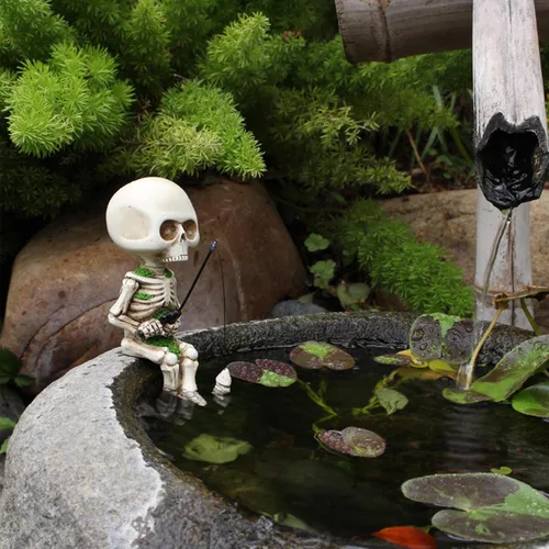 Miniatura 5 de 1 estatua de calavera de Halloween, figuras de esqueleto geniales, figuras de esqueleto con temática de pesca, decoración gótica, figura de calavera