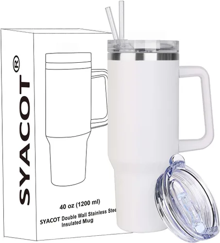 Miniatura 8 de SYACOT Vaso de 40 onzas con asa y pajita, vaso aislado de acero inoxidable, tapa a prueba de fugas y tapa con pajilla, taza de café de viaje