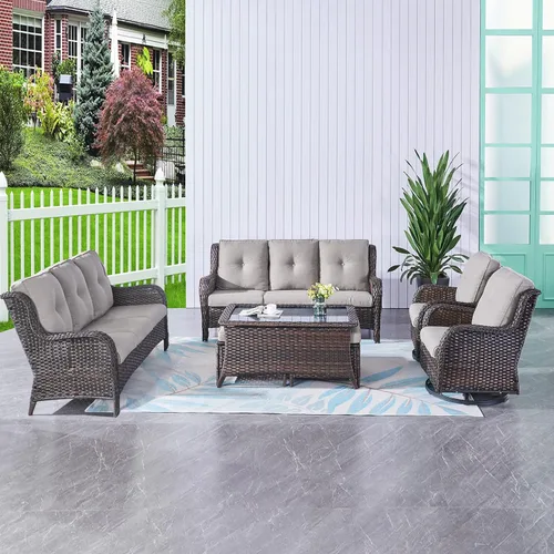 Miniatura 123 de HUMMUH Sillas Mecedoras Giratorias de Mimbre para Patio Exterior con Respaldo Alto, Sillas Deslizantes de Ratán PE, Juego de Muebles de Patio de 4