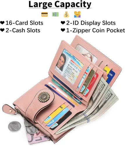 Miniatura 2 de SENDEFN Carteras pequeñas para mujer, con bloqueo RFID, de cuero, plegable, tarjetero con ventana de identificación, 1-Rosa
