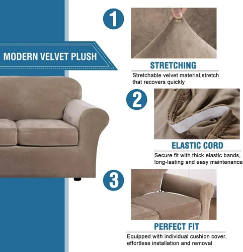Miniatura 3 de H.VERSAILTEX - Funda para sofá muy elástica, 4 piezas, de terciopelo suave y afelpado, moderna, protectora, ajustable, gruesa, para sofá con 3 Camel