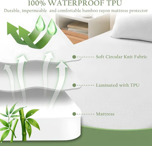 Miniatura 4 de Protector de colchón 100 % impermeable tamaño individual, funda de colchón de bambú y rayón transpirable con bolsillo de 8 a 21 pulgadas