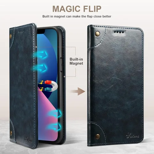 Miniatura 3 de SINIANL Funda compatible con iPhone 15, funda de piel azul con soporte magnético, soporte para tarjetas de crédito, funda tipo cartera