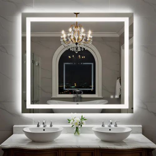 Miniatura 36 de Espejo de baño LED de 24 x 32 pulgadas con luces, espejo de tocador de baño con marco negro con luz frontal + retroiluminación para pared, vidrio