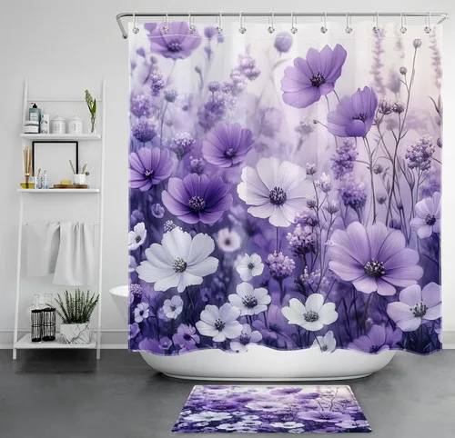 Miniatura 29 de LB Cortina de ducha de hortensias azules para baño, cortina de ducha rústica de girasol amarillo botánico y lavanda púrpura con ganchos, cortina