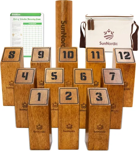 Miniatura 10 de SunNordic Wooden Throwing Game Set, Numbered Block Toss Games with 1 x Scoreboard,12 x Premium Rubber Wood Pins & 1 x Dowel, Outdoor Backyard Lawn
