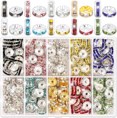 Miniatura 9 de Cuentas espaciadoras redondas para hacer joyas, 600 piezas de cuentas espaciadoras con diamantes de imitación, separadores de cuentas de cristal