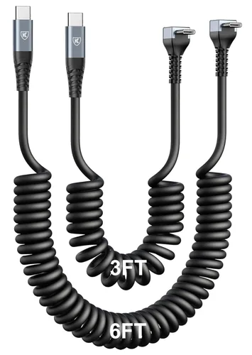 Miniatura 17 de Cable USB A a USB C de 90 grados, paquete de 2 cables USB tipo C en espiral de 3 pies para automóvil, cable de carga rápida USB-C compatible