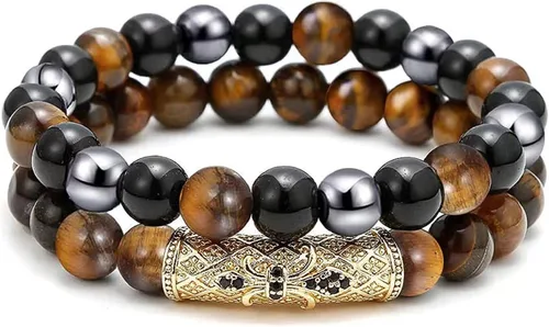 Miniatura 25 de 2Pcs Triple Protection Bracelet,Natural Tigers Eye Black Obsidian and Hematite 8 MM Beads Bracelet for Men Women Gift, Healing Crystal Bracelet