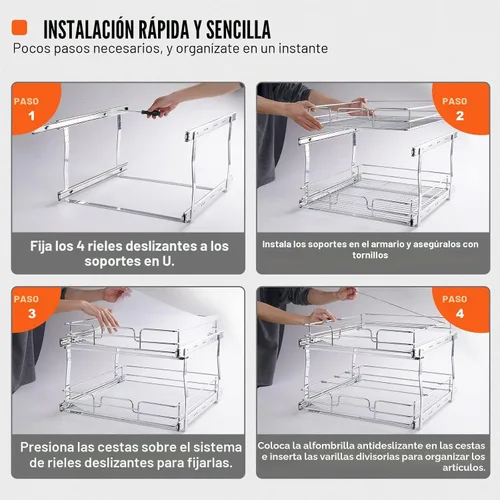 Miniatura 5 de VEVOR Organizador de Gabinete Extraíble de 2 Niveles 18.7"An×21"Pr×3.2"Al, Estantes de Despensa Deslizables de Servicio Pesado, Cajones Deslizantes