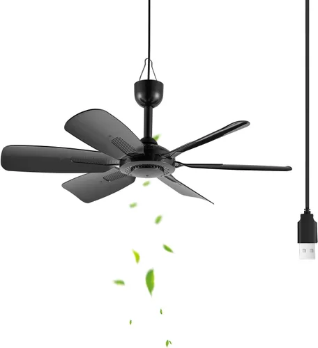 Ventilador colgante pequeño USB portátil de 17.7 pulgadas con 6 cuchillas, uso en interiores y exteriores, para caravana, campamento y toldo, Negro