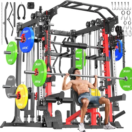 Miniatura 25 de Máquina Smith con sistema de cruce de cables, jaula de potencia multifunción para sentadillas y rack de potencia para gimnasio en casa, rack de Negro