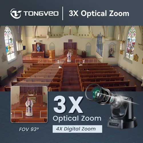 Miniatura 7 de TONGVEO Cámara Web Inalámbrica de 5.8GHz para Sala de Conferencias, Cámara PTZ USB 1080P 60fps de 3X para Transmisión en Vivo de la Iglesia