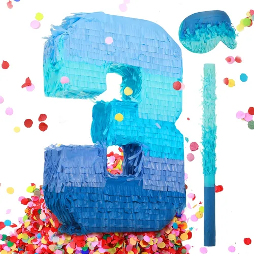 Miniatura 9 de Sratte Piñata número 1 2 3 4 5 6 7 8 9 Piñata con palo para los ojos vendados, piñata azul degradado para niños y niñas, suministros de decoración
