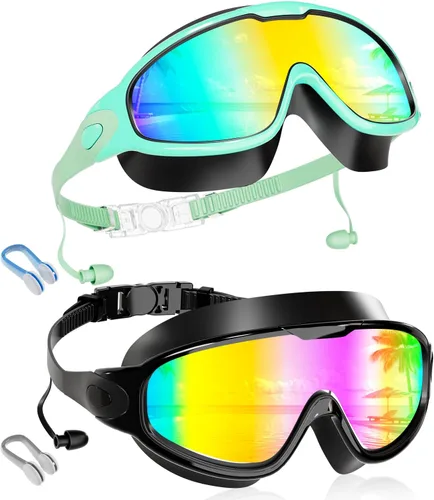 Aegend Nuevo paquete de 2 gafas de natación de visión amplia para niños, gafas antivaho/anti-UV sin fugas con tapones para los oídos para niños de 3