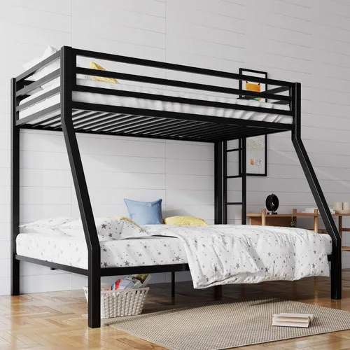 SHA CERLIN Litera tipo loft de tamaño Twin sobre Full con escalera y barandilla, listones de metal resistente, no necesita somier, muebles Negro