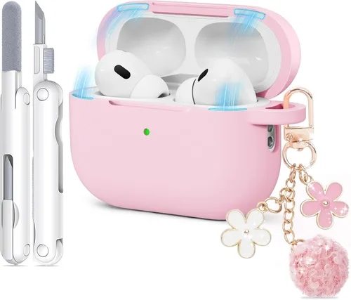 Funda para AirPods Pro 2 con bonito llavero y bolígrafo de limpieza, funda de silicona suave para AirPods Pro de 2ª/1ª generación para mujeres y