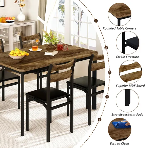 Miniatura 6 de Recaceik Juego de mesa de comedor para 4, mesa de cocina de madera con marco de metal y tablero de MDF, juego de mesa de cocina de 5 piezas