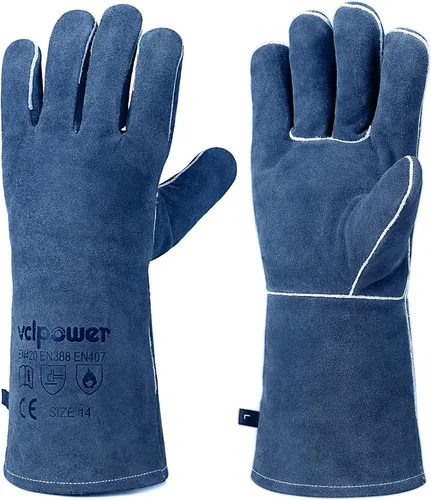 Miniatura 8 de vclpower Guantes de soldadura talla M para mujeres y manos pequeñas, guantes de forja de cuero resistentes al calor extremo al fuego para Mig, Tig