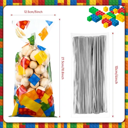 Miniatura 2 de 100 bolsas de celofán con bloques de construcción, suministros para fiesta de cumpleaños, bolsas de dulces con 100 lazos plateados para recuerdos