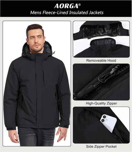 Miniatura 6 de Chaquetas de esquí para hombre, impermeables, chaquetas de nieve con forro de vellón, aisladas, parka pesada con capucha