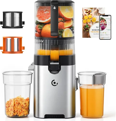 Miniatura 11 de Exprimidor de prensa en frío con autoalimentación extra de 5.2 pulgadas para verduras y frutas enteras, extractor de jugo con barrena grande