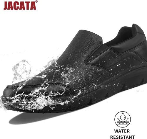 Miniatura 5 de Jacata Zapatos de trabajo negros antideslizantes para hombre, servicio de alimentos, zapatos de cuero resistentes al agua y antideslizantes sin