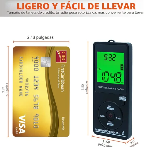 Miniatura 6 de Mini radio portátil personal AM/FM con pantalla LCD de sintonización digital y tiempo de retroiluminación, radio de bolsillo recargable SWDSTP